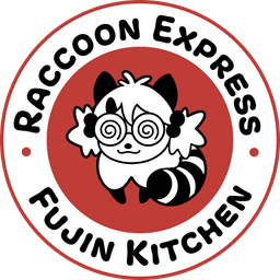 Parody logo, Boba Express as an homage to Panda Express. A black & white Boba-tan sits in the center of a red circle, ringed by additional white concentric circle with a red outline containing black text that reads Raccoon Express - Fujin Kitchen. Her striped raccoon tail curls around her.